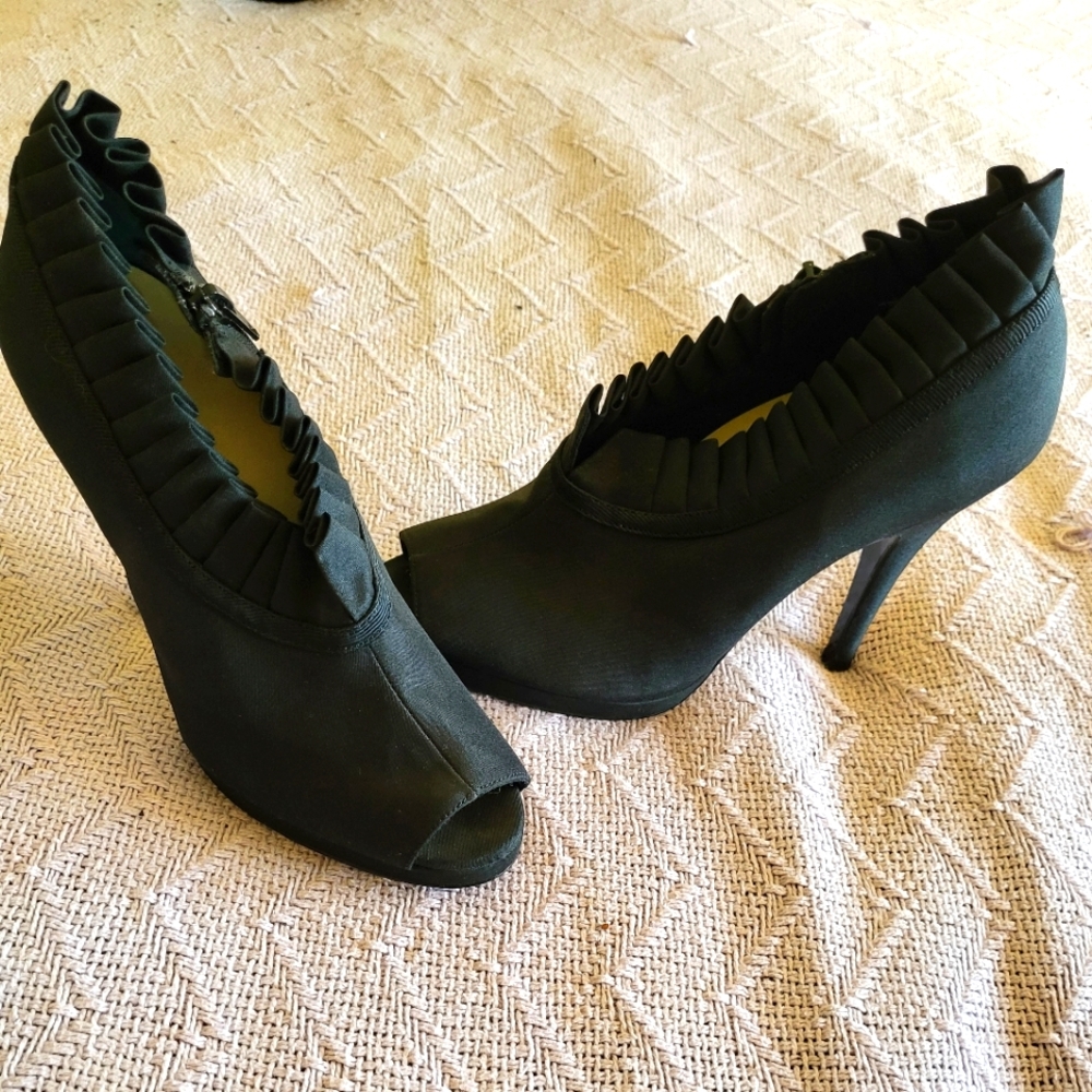 Nina Black Satin Ruffle Stiletto Heels